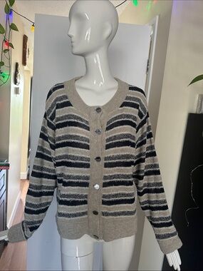 Striped Button-Front Women's Cardigan Sweater in Beige & Black